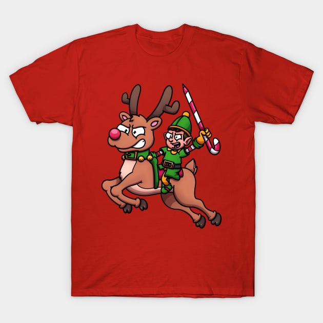 Christmas Elf Riding Flying Reindeer T-Shirt by TheMaskedTooner